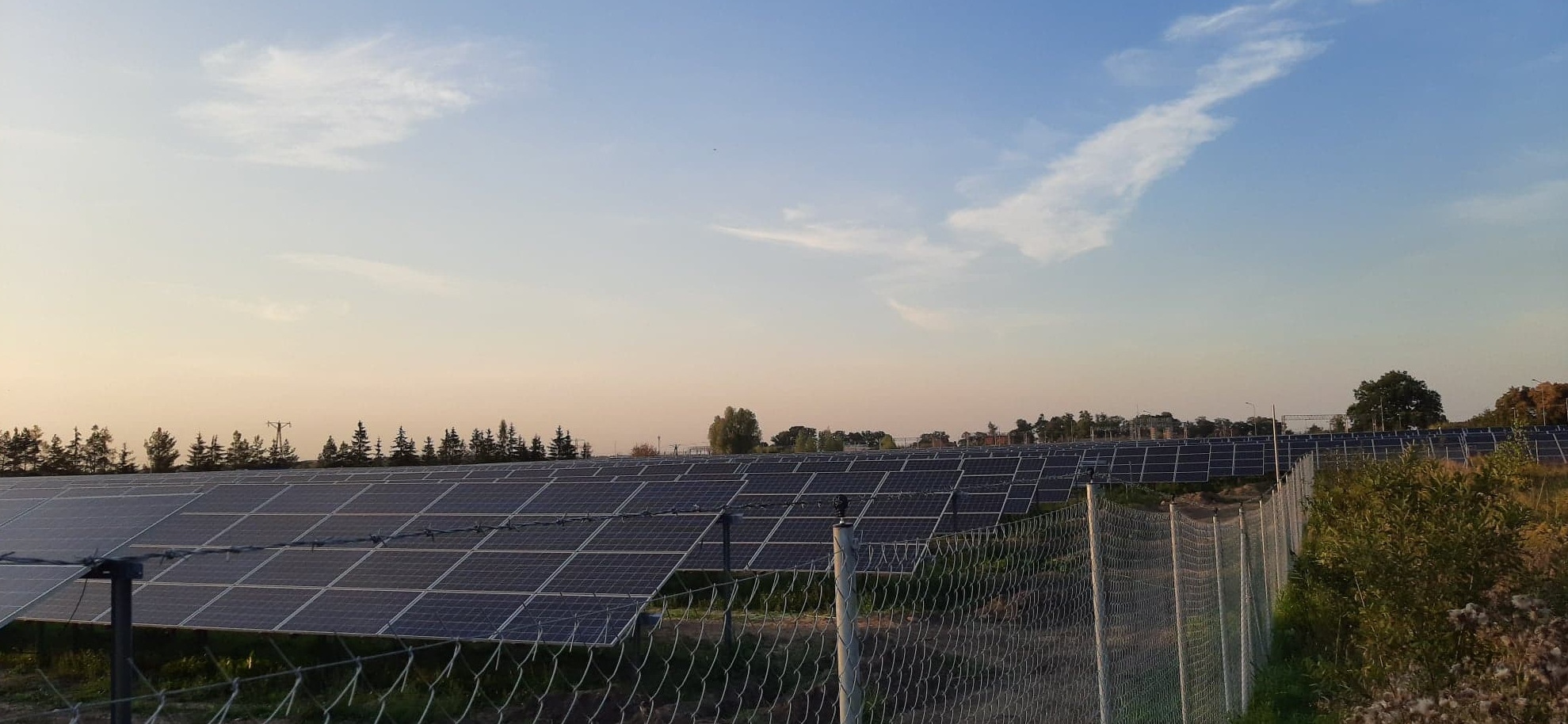Rozległa farma paneli słonecznych za ogrodzeniem z siatki, widoczna pod wieczornym niebem z delikatnymi chmurami.