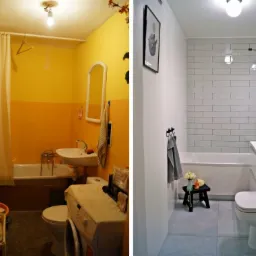Porównanie łazienki przed i po: żółte ściany i nieuporządkowane otoczenie kontra białe płytki, minimalistyczny design i uporządkowana przestrzeń.