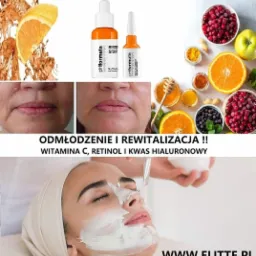 Zabieg odmładzający w Łodzi: Aplikacja maski na twarz pacjentki z wykorzystaniem produktów pHformula, z widocznymi efektami przed i po zabiegu oraz składnikami aktywnymi jak witamina C, retinol...