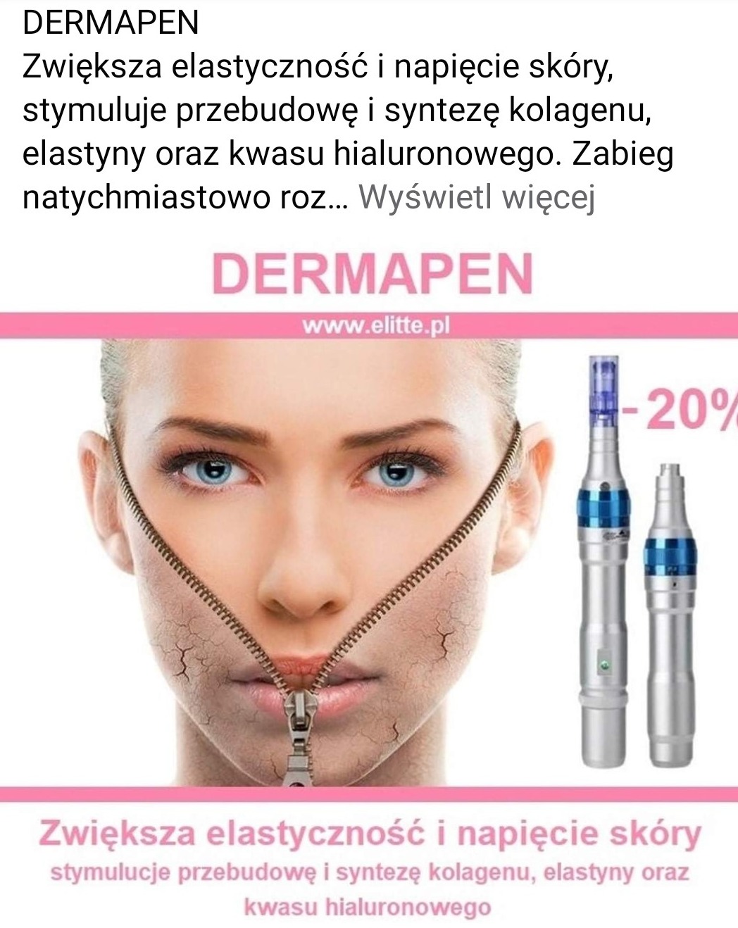 Grafika reklamowa z twarzą kobiety, której skóra jest częściowo rozsunięta zamkiem błyskawicznym, obok widoczne dwa urządzenia Dermapen z 20% zniżką, promujące zabieg poprawiający elastyczność skóry.