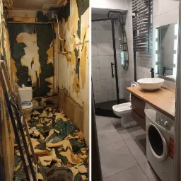 Porównanie łazienki przed i po: zdemontowane tapety i stara armatura kontra nowoczesny prysznic, umywalka na drewnianym blacie, bidet i pralka.