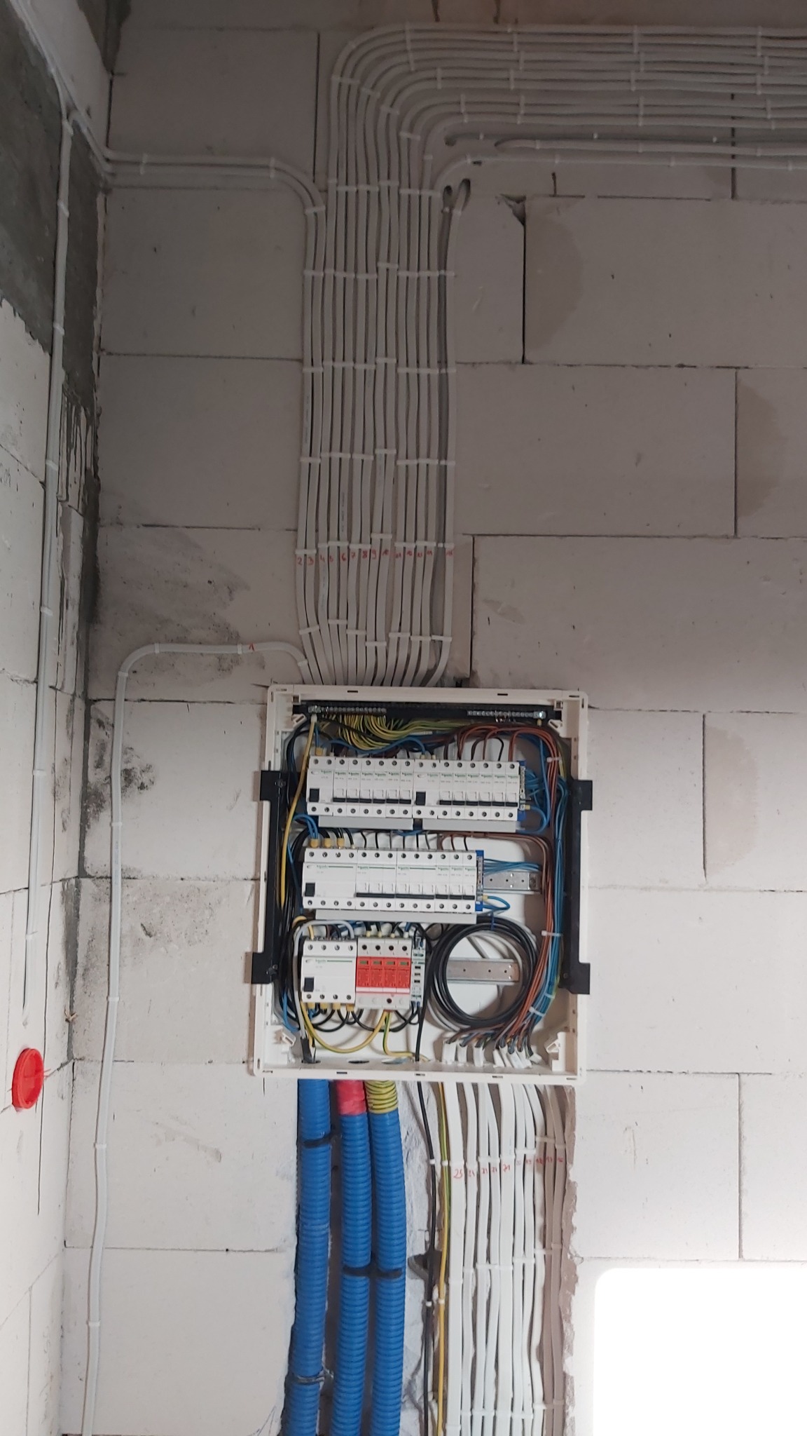 Rozdzielnica elektryczna z licznymi przewodami ułożonymi w peszlach i listwach na surowej ścianie z betonu komórkowego.