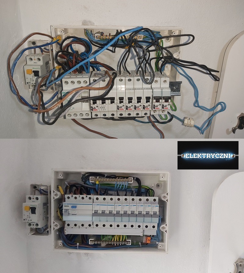 Dwa ujęcia tej samej skrzynki bezpiecznikowej: górne przed uporządkowaniem kabli, z widocznym chaosem przewodów, dolne po zakończeniu prac, z uporządkowanymi przewodami i estetycznym układem.