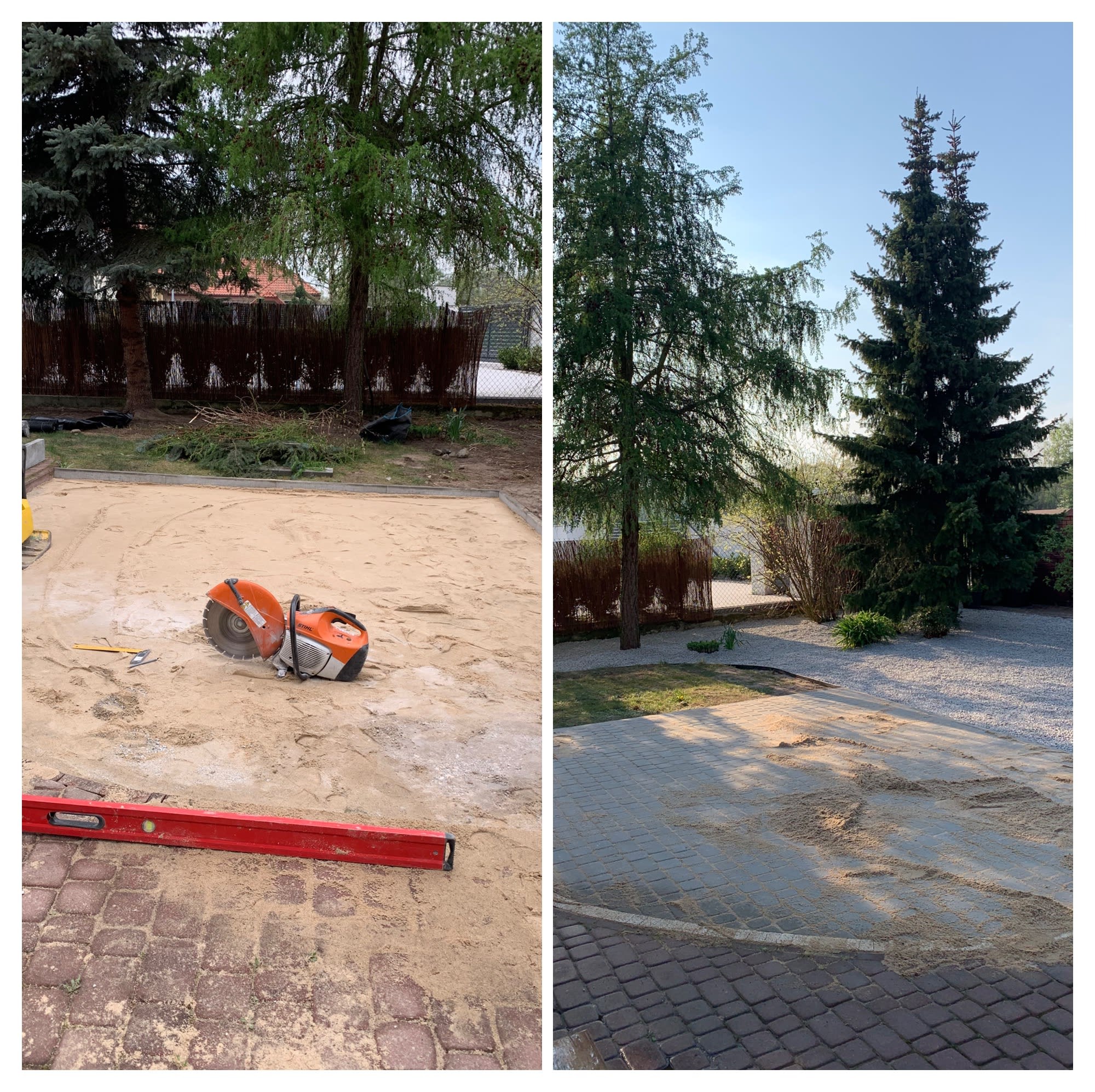 Porównanie stanu placu przed i po ułożeniu kostki brukowej: po lewej przygotowany teren z piaskiem, piłą do cięcia kostki i poziomicą, po prawej gotowa, równa powierzchnia z kostki brukowej...