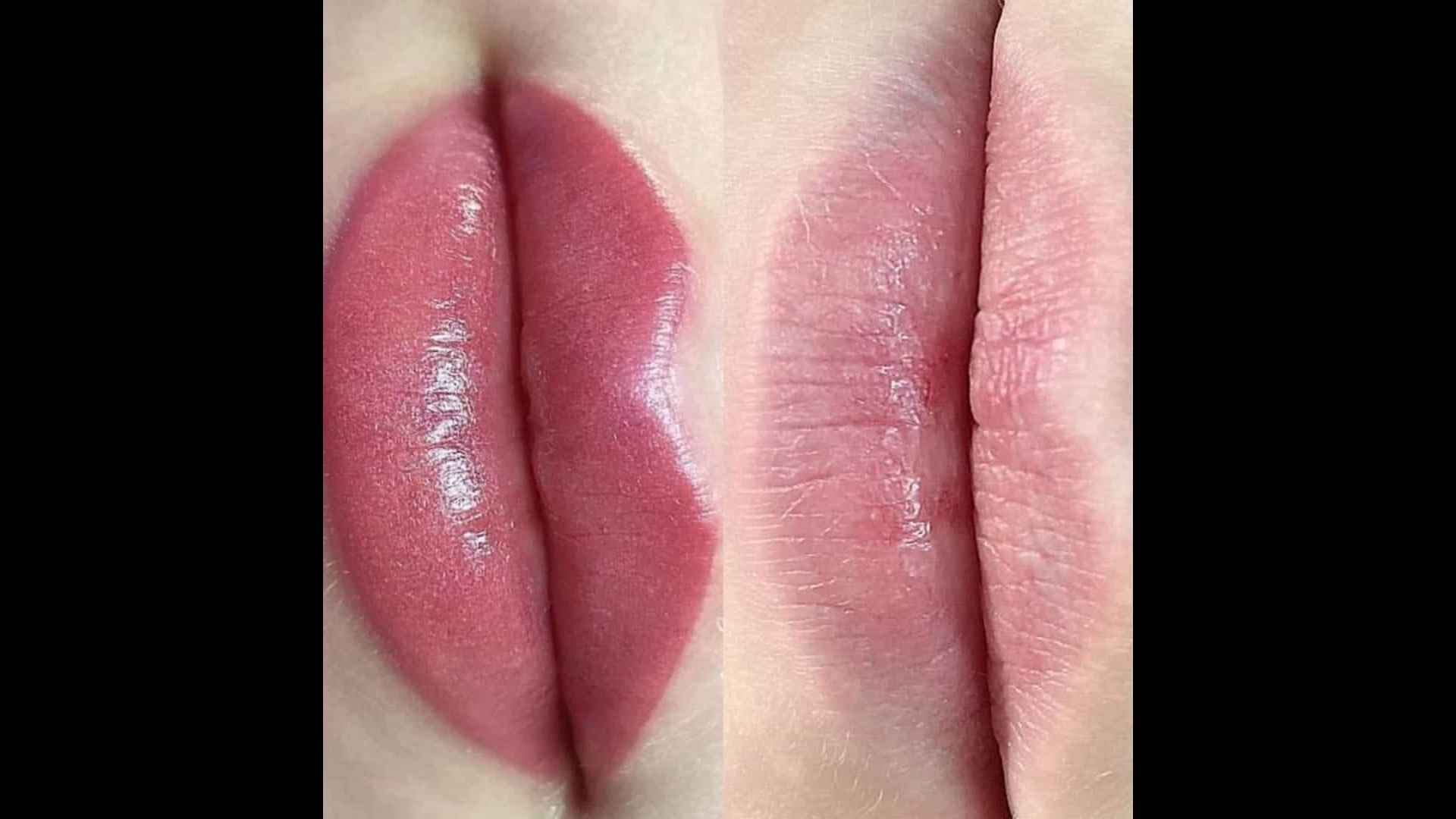 Zbliżenie na usta przed i po makijażu permanentnym, widoczna różnica w kolorze i konturze.