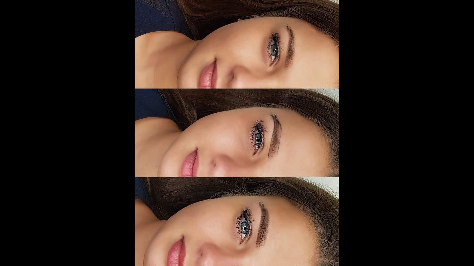 Portret kobiety po zabiegu laminacji brwi i przedłużania rzęs, widoczne subtelne podkreślenie makijażu permanentnego ust.