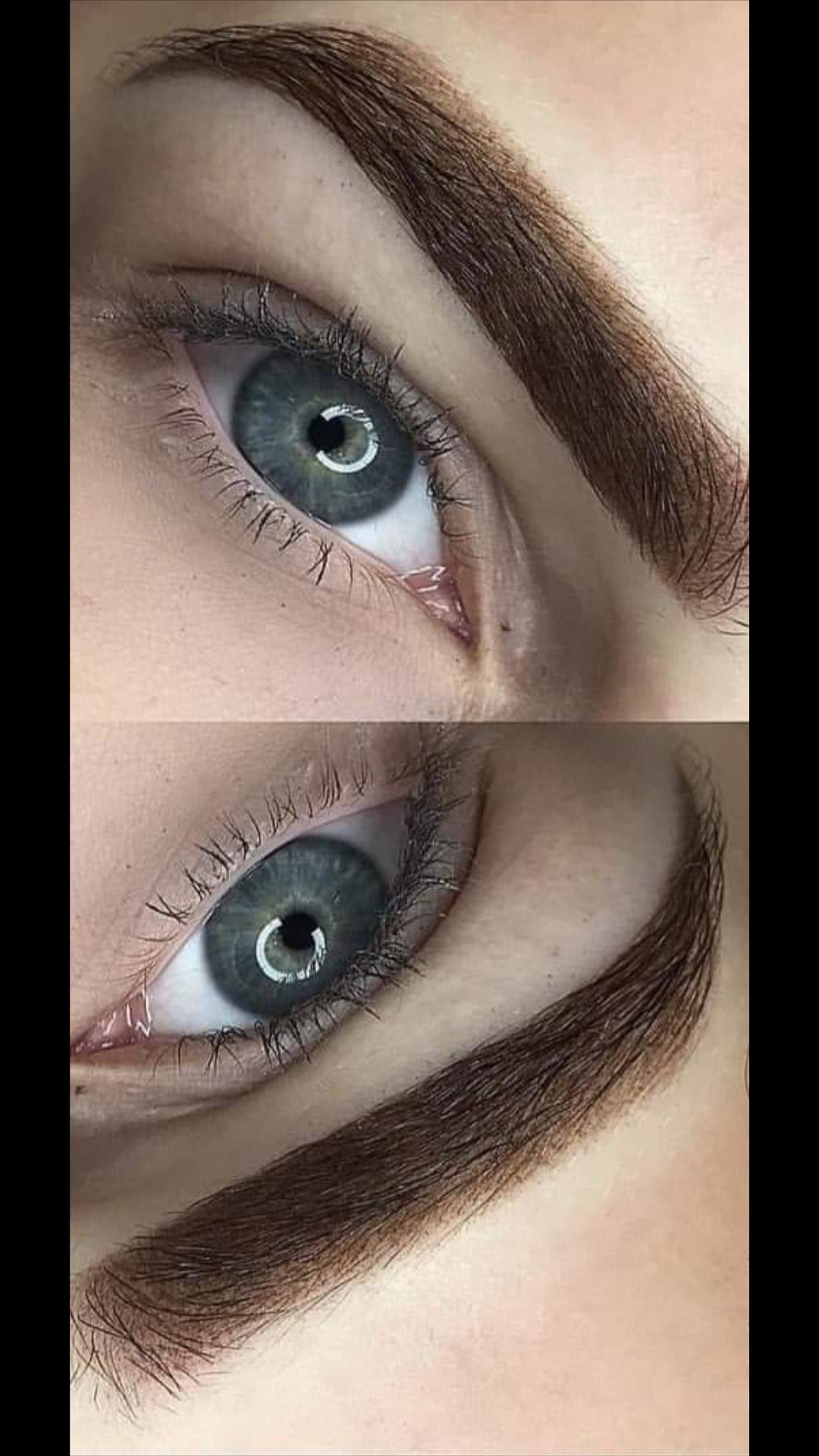 Zbliżenie na dwa oczy z widocznym efektem brwi po zabiegu: wyregulowane, ciemnobrązowe, z widoczną strukturą włosków, podkreślające zielono-szare tęczówki.