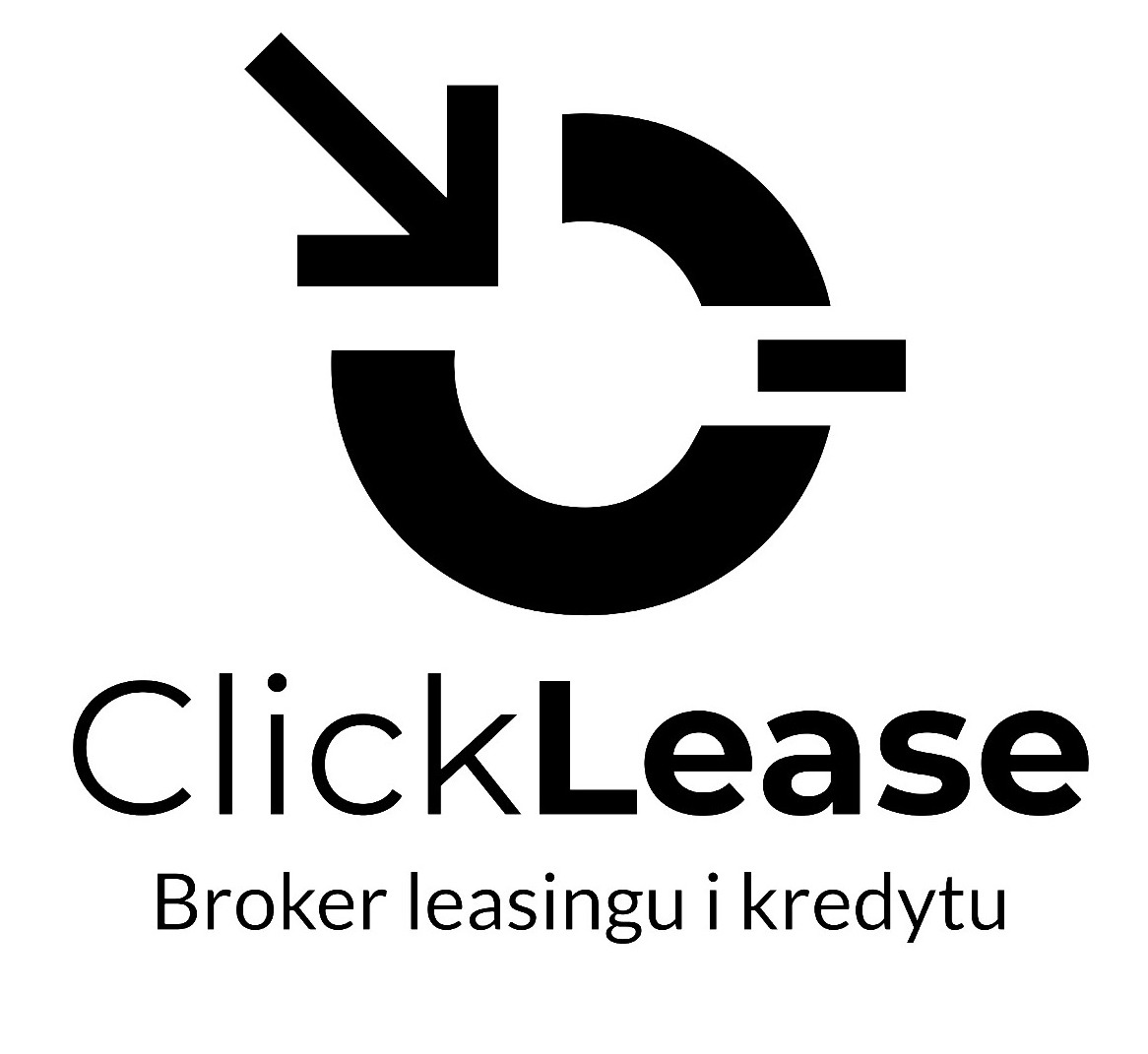 Czarne logo ClickLease: symbol strzałki w kształcie litery C nad nazwą firmy i tekstem 'Broker leasingu i kredytu' na białym tle.