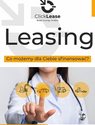 Kobieta w białym fartuchu wskazuje palcem na ikonę samochodu, nad nią napis 'Leasing' i logo ClickLease.