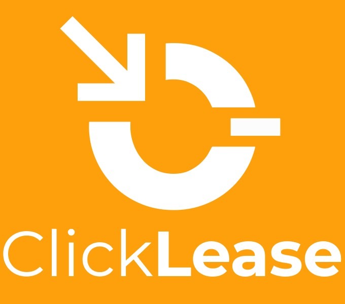 Białe logo ClickLease na pomarańczowym tle, przedstawiające strzałkę skierowaną w dół wewnątrz okręgu.