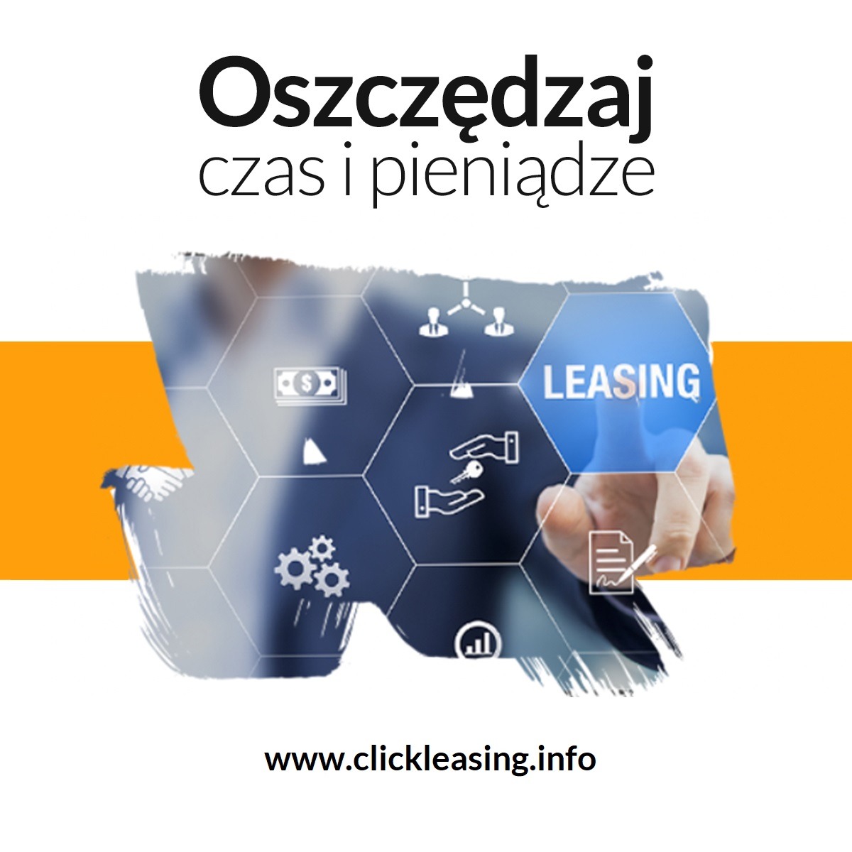 Grafika reklamowa: napis 'Oszczędzaj czas i pieniądze' nad abstrakcyjnym kształtem zawierającym ikonę kluczy, pieniędzy i napis 'Leasing'. Na dole adres strony internetowej.