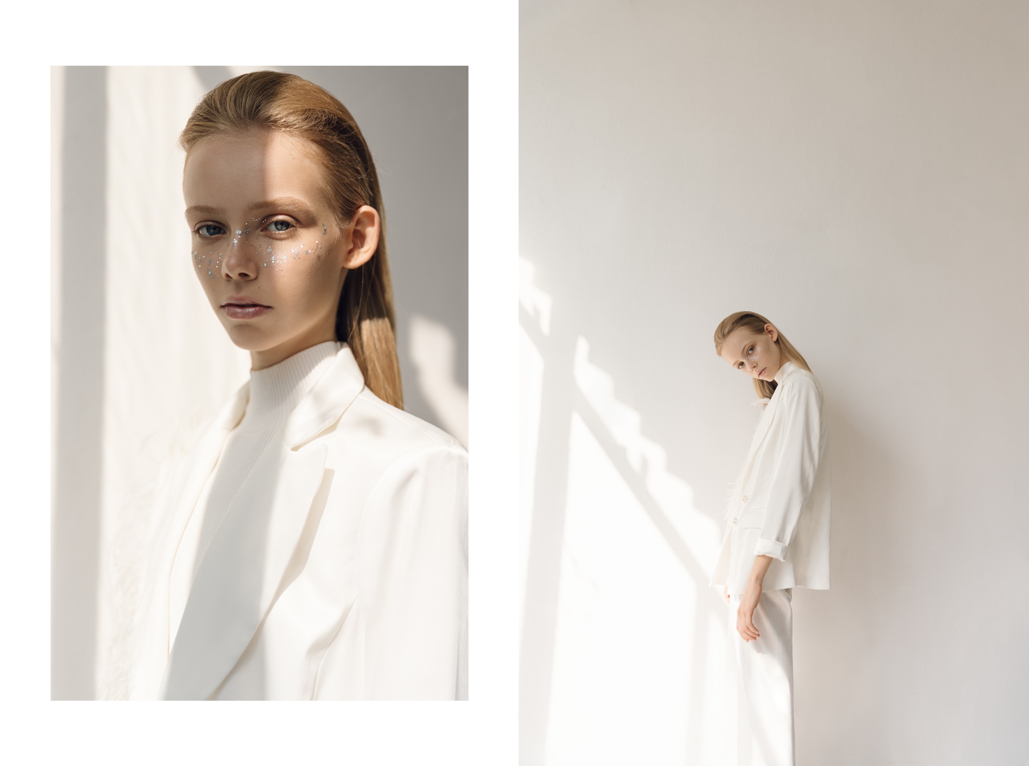 Portret młodej kobiety w białym garniturze z brokatem na twarzy, w naturalnym świetle, minimalistyczna sesja.