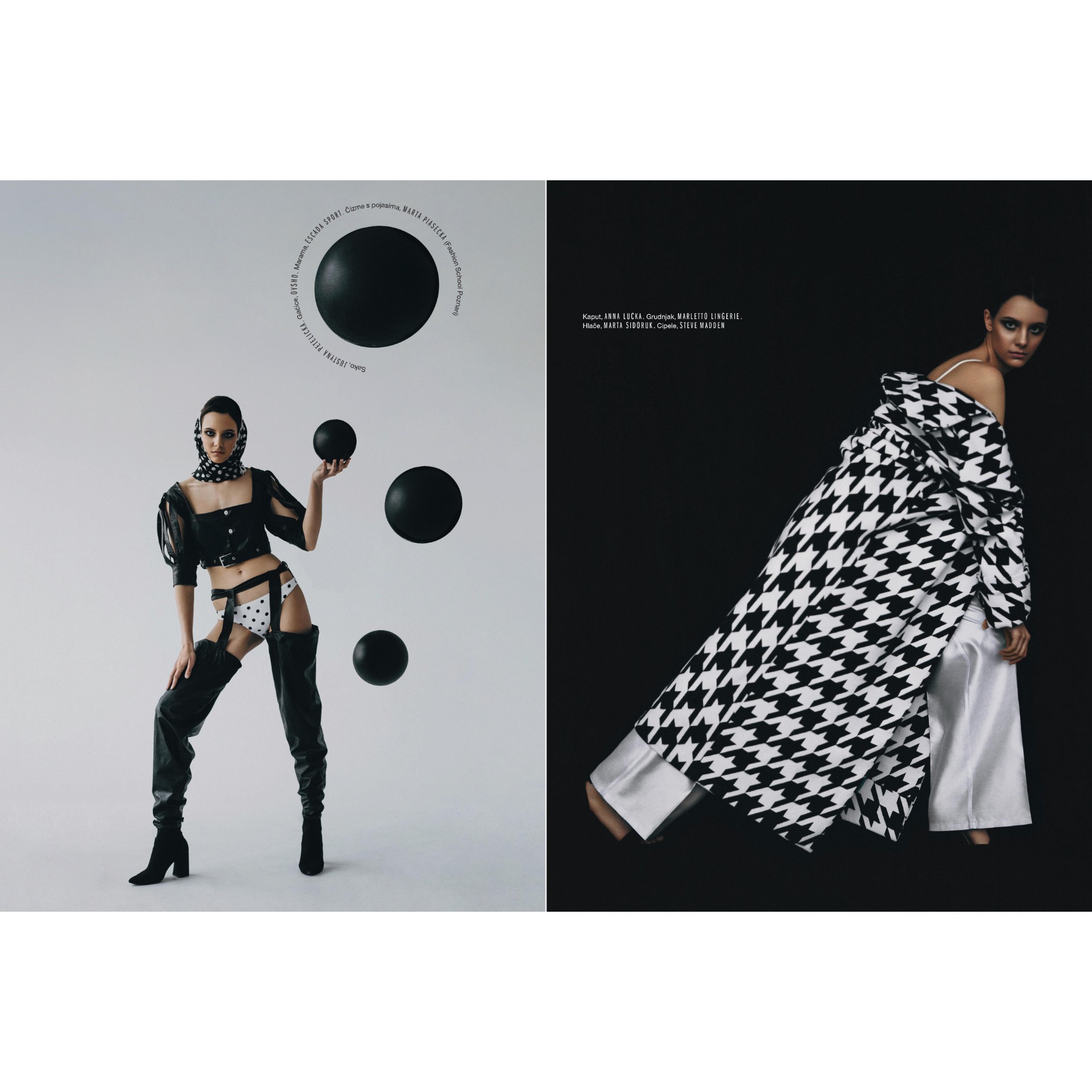 Sesja zdjęciowa: Modelka w czarno-białym stroju z geometrycznymi wzorami, prezentująca stylizację na tle podzielonym na białe i czarne tło.