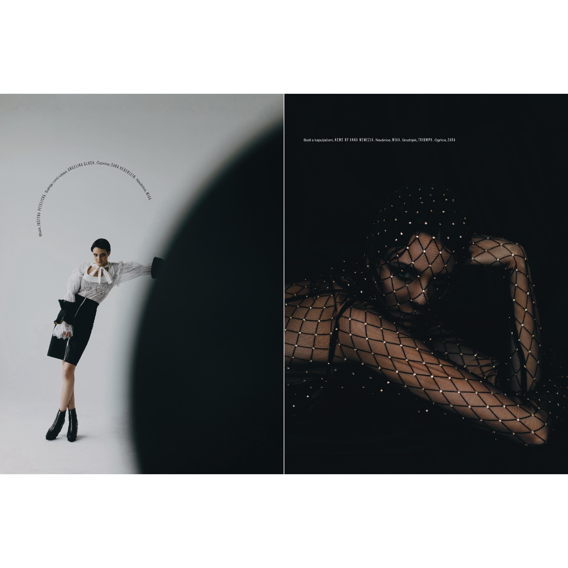 Dwuobrazowa kompozycja: po lewej modelka w białej bluzce z koronką, czarnej spódnicy i botkach, po prawej zbliżenie na twarz modelki ukrytej pod czarną siatką z błyszczącymi aplikacjami.