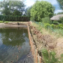 Budowa umocnienia brzegu oczka wodnego za pomocą drewnianych pali i wikliny, widoczne prace ziemne i przygotowanie terenu.