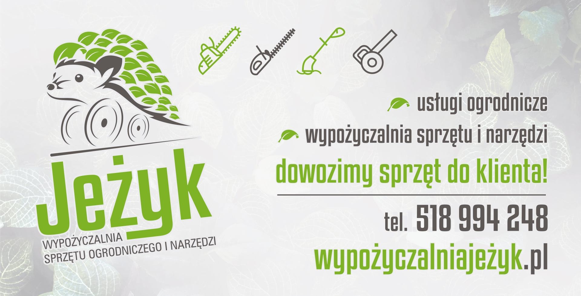 Logo firmy Jeżyk, wypożyczalni sprzętu ogrodniczego, z graficznym jeżem z liści na kolach, obok ikony piły łańcuchowej, nożyc do żywopłotu, glebogryzarki i kosiarki, oraz hasła reklamowe i dane...