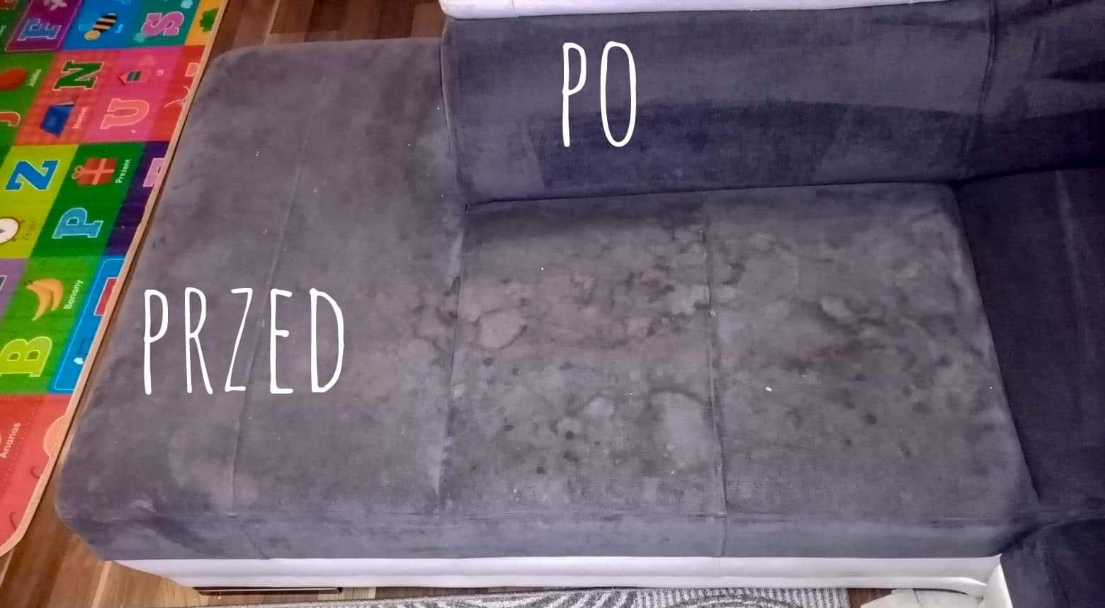 Szara tapicerka sofy z widoczną różnicą przed i po czyszczeniu, z napisem 'PRZED' na zabrudzonej części i 'PO' na czystej.