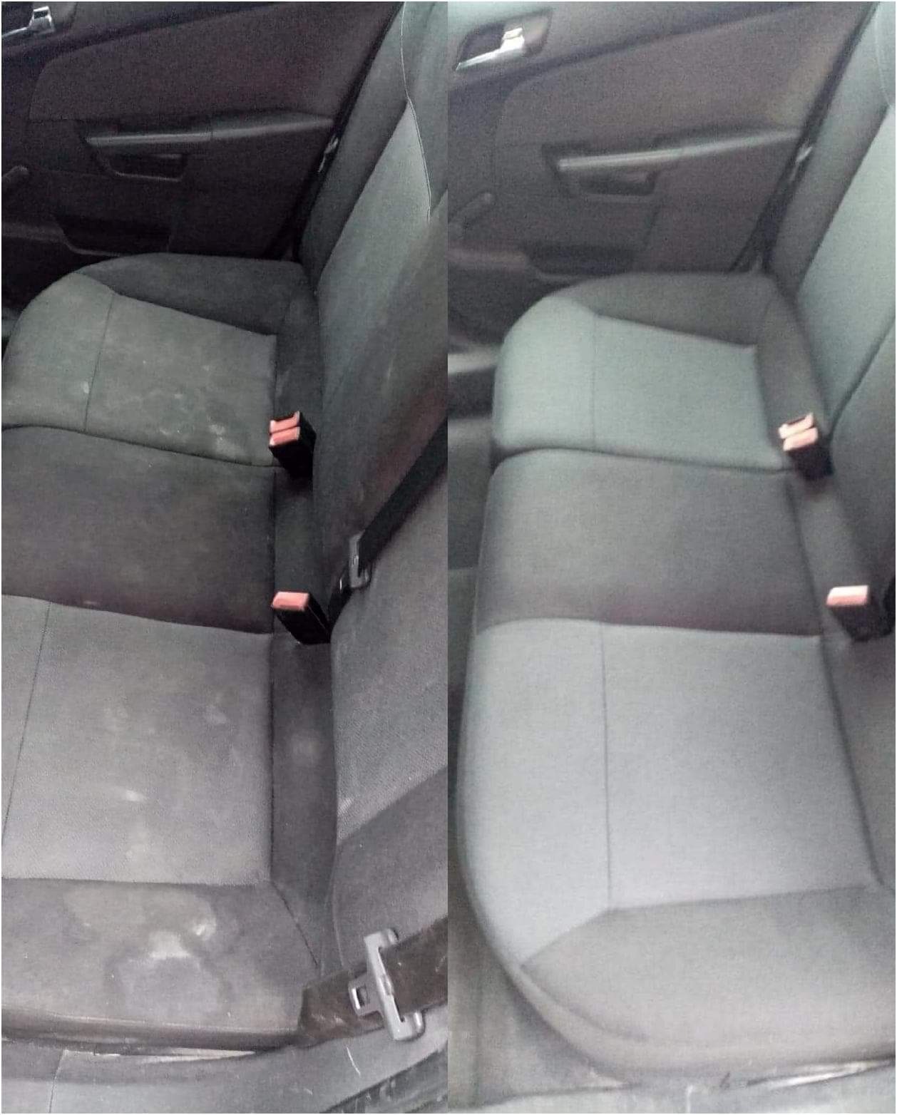 Porównanie tylnej kanapy samochodowej przed i po czyszczeniu tapicerki, widoczne różnice w kolorze i usunięte zabrudzenia.