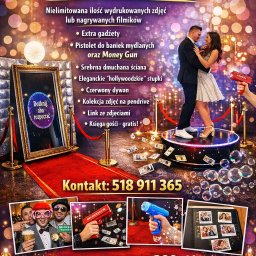 Systemy SmartHome Marcin Jańczuk - Reklama FotoLustra i Fotobudki 360 z parą na podeście, gadżetami, czerwonym dywanem i informacjami kontaktowymi. Oferta w Rzeszowie od 399 zł.