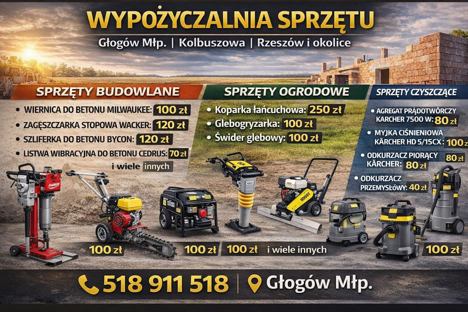 Wypożyczalnia sprzętu budowlanego, ogrodowego i czyszczącego: wiertnice, zagęszczarki, koparki łańcuchowe, glebogryzarki, agregaty prądotwórcze, myjki ciśnieniowe i odkurzacze.