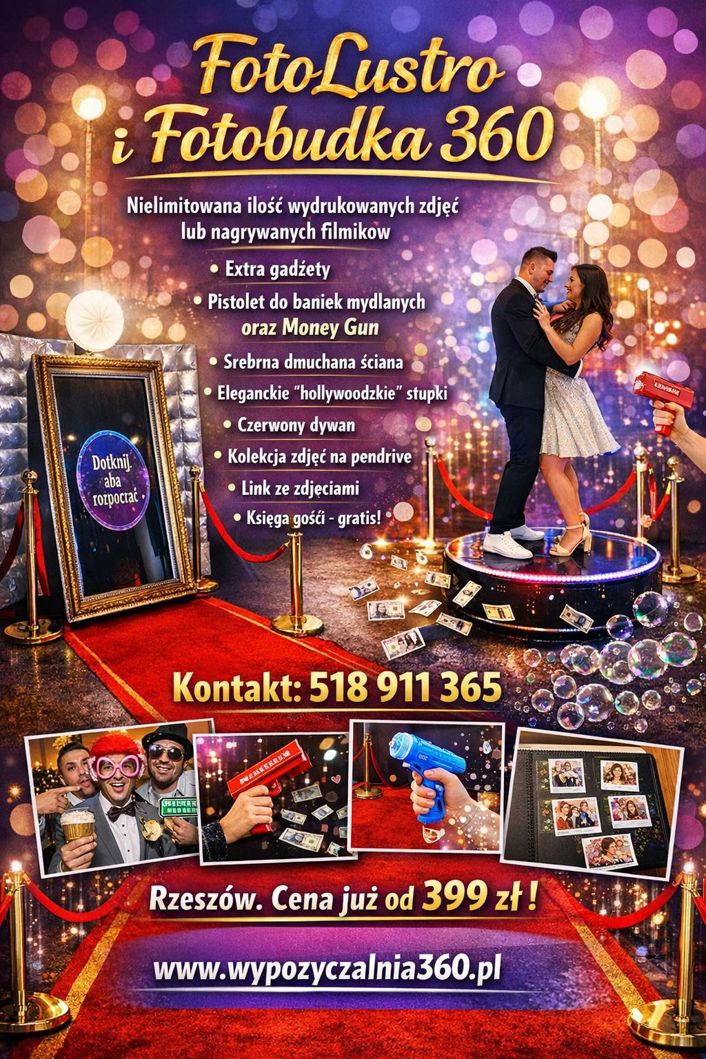 Reklama FotoLustra i Fotobudki 360 z parą na podeście, gadżetami, czerwonym dywanem i informacjami kontaktowymi. Oferta w Rzeszowie od 399 zł.