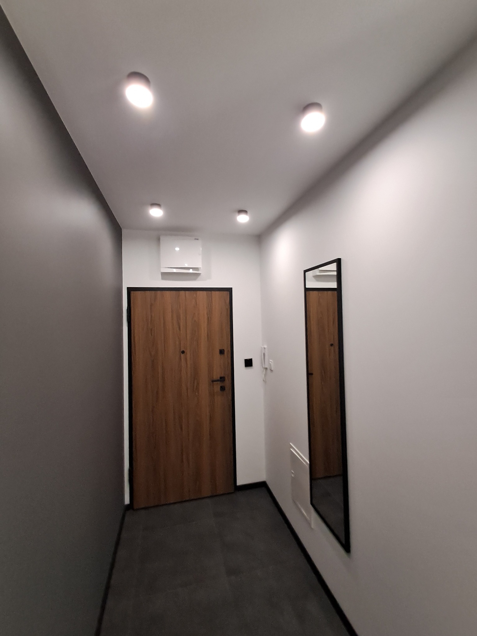 Nowoczesny przedpokój z drewnianymi drzwiami w czarnej ramie, szarą ścianą i minimalistycznym lustrem. Całość oświetlona punktowymi lampami sufitowymi.