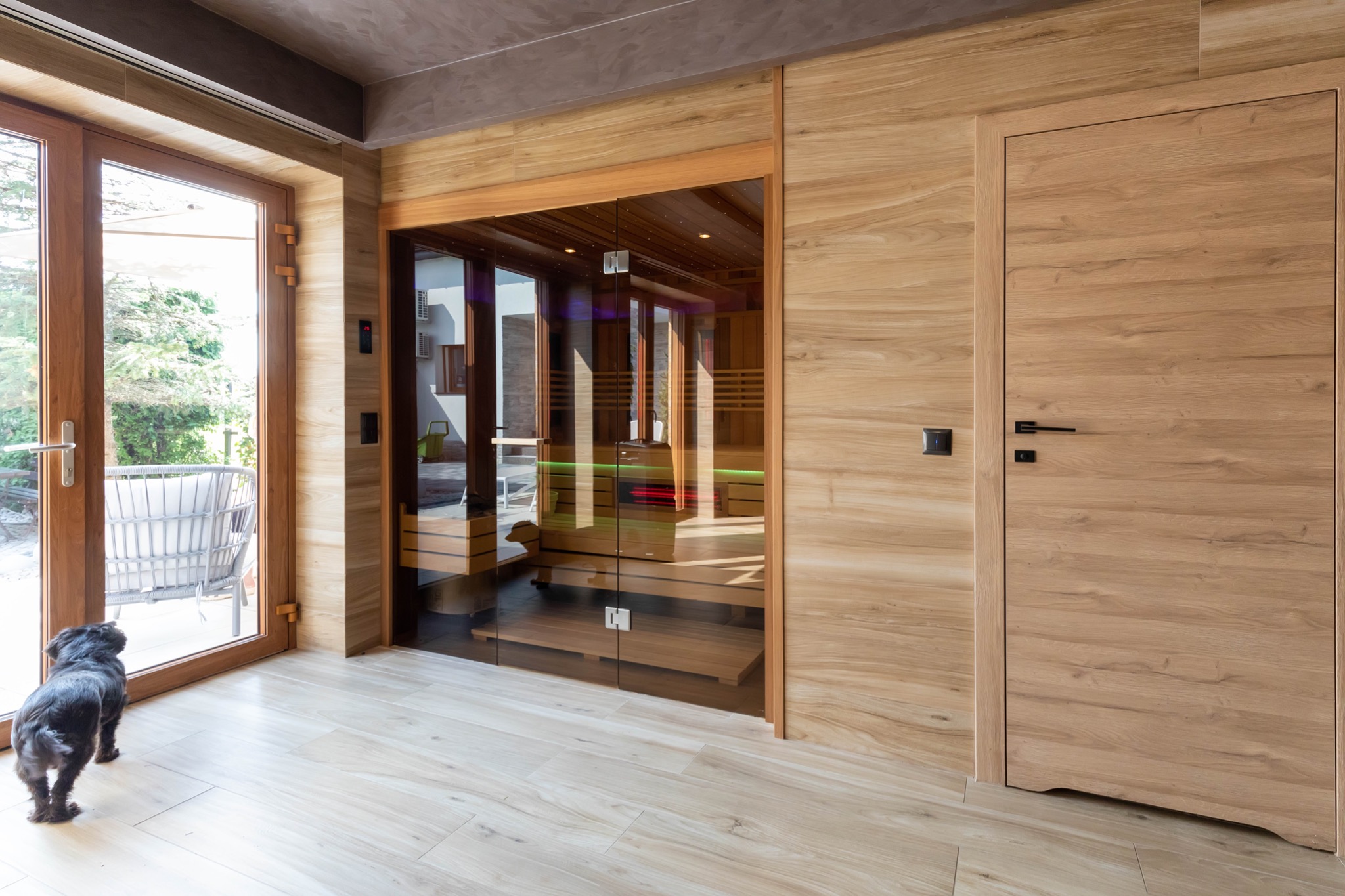 Nowoczesna kabina z przeszklonymi drzwiami i drewnianym wykończeniem, widoczna z zewnątrz, pies obserwujący przez otwarte drzwi tarasowe, jasna podłoga i ściany imitujące drewno.