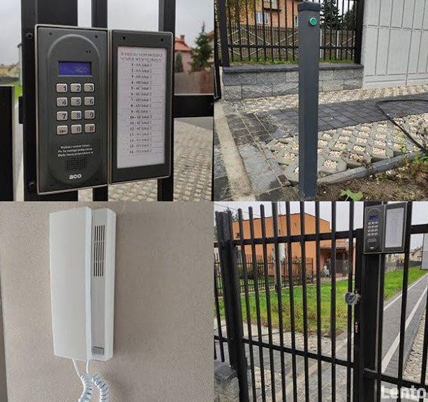 Zestaw domofonowy z klawiaturą numeryczną i listą lokatorów zamontowany na bramie wjazdowej, oraz panel domofonowy wewnątrz budynku.