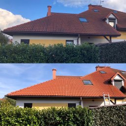 ALPIMAL Damian Doś - Porównanie dachu domu przed i po czyszczeniu, widoczne różnice w kolorze i zabrudzeniach na czerwonej dachówce.