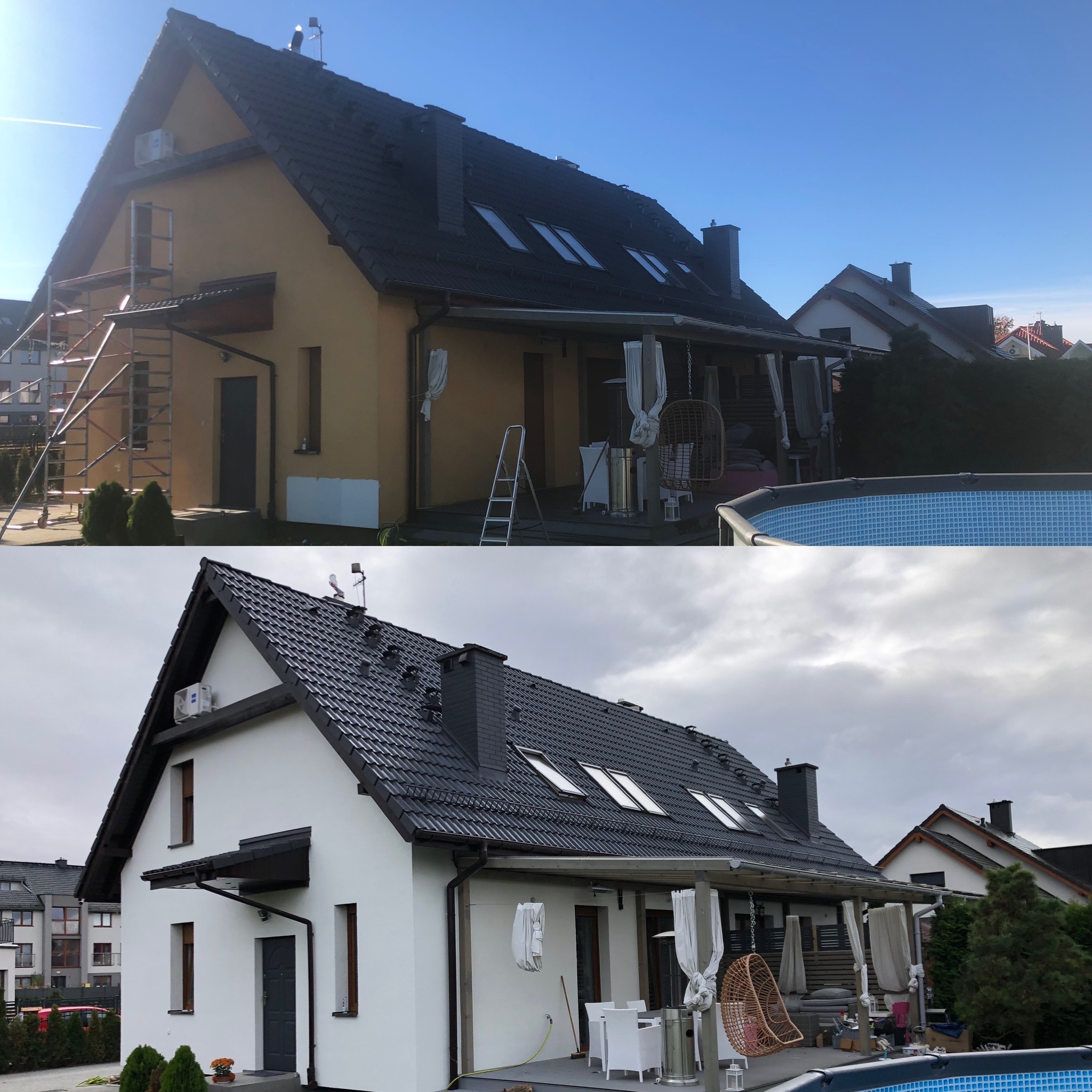 Dom jednorodzinny przed i po odświeżeniu elewacji na biało, widoczne rusztowanie, taras z meblami ogrodowymi i basen.