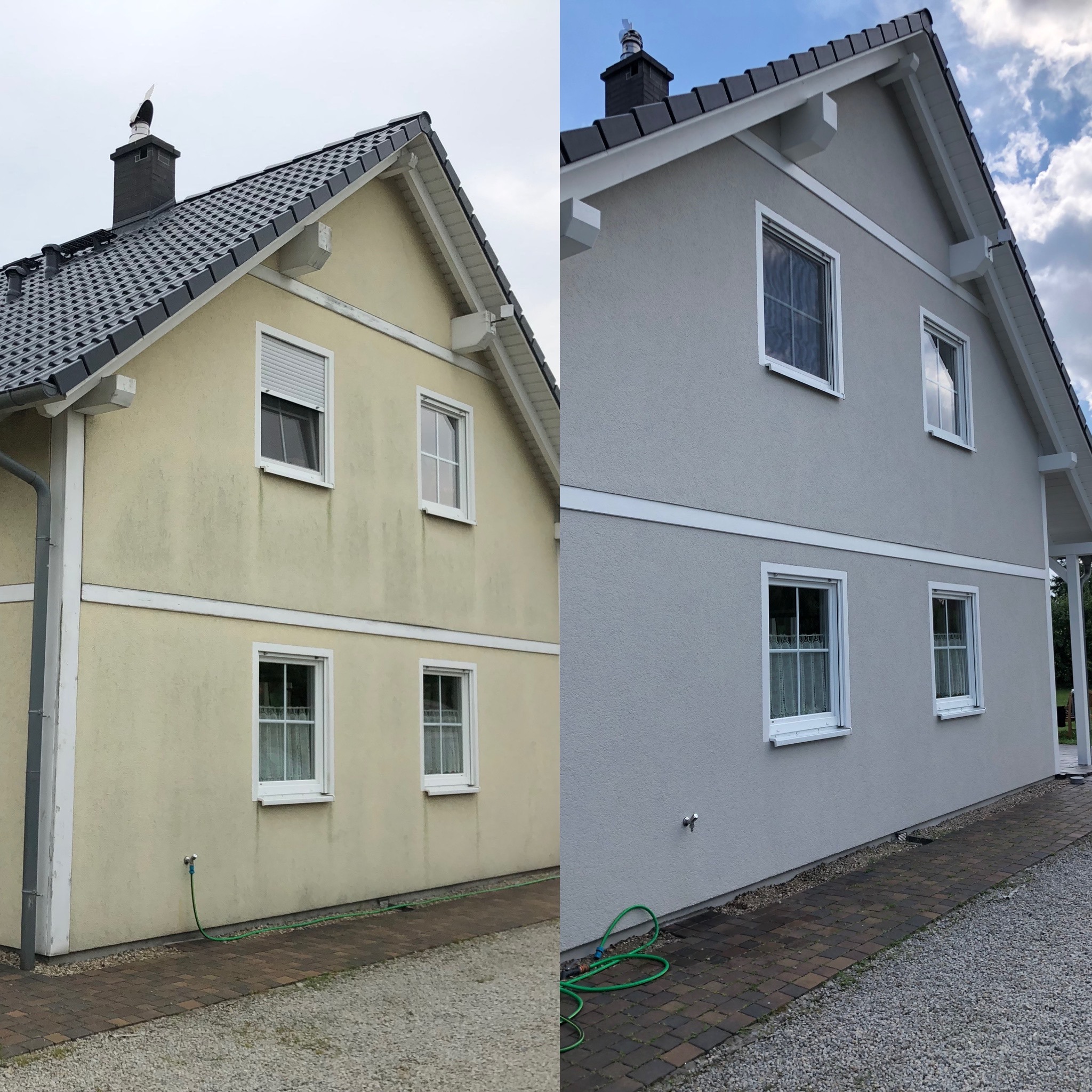 Porównanie elewacji domu przed i po odświeżeniu: żółta, zabrudzona ściana kontra szara, czysta powierzchnia z białymi obramowaniami okien i ciemnym dachem.