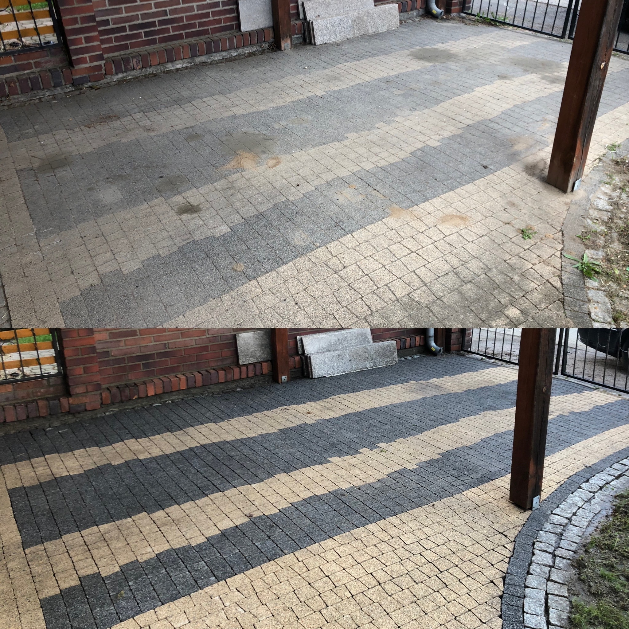 Porównanie stanu kostki brukowej przed i po czyszczeniu, z widocznymi różnicami w kolorze i usuniętych zabrudzeniach.