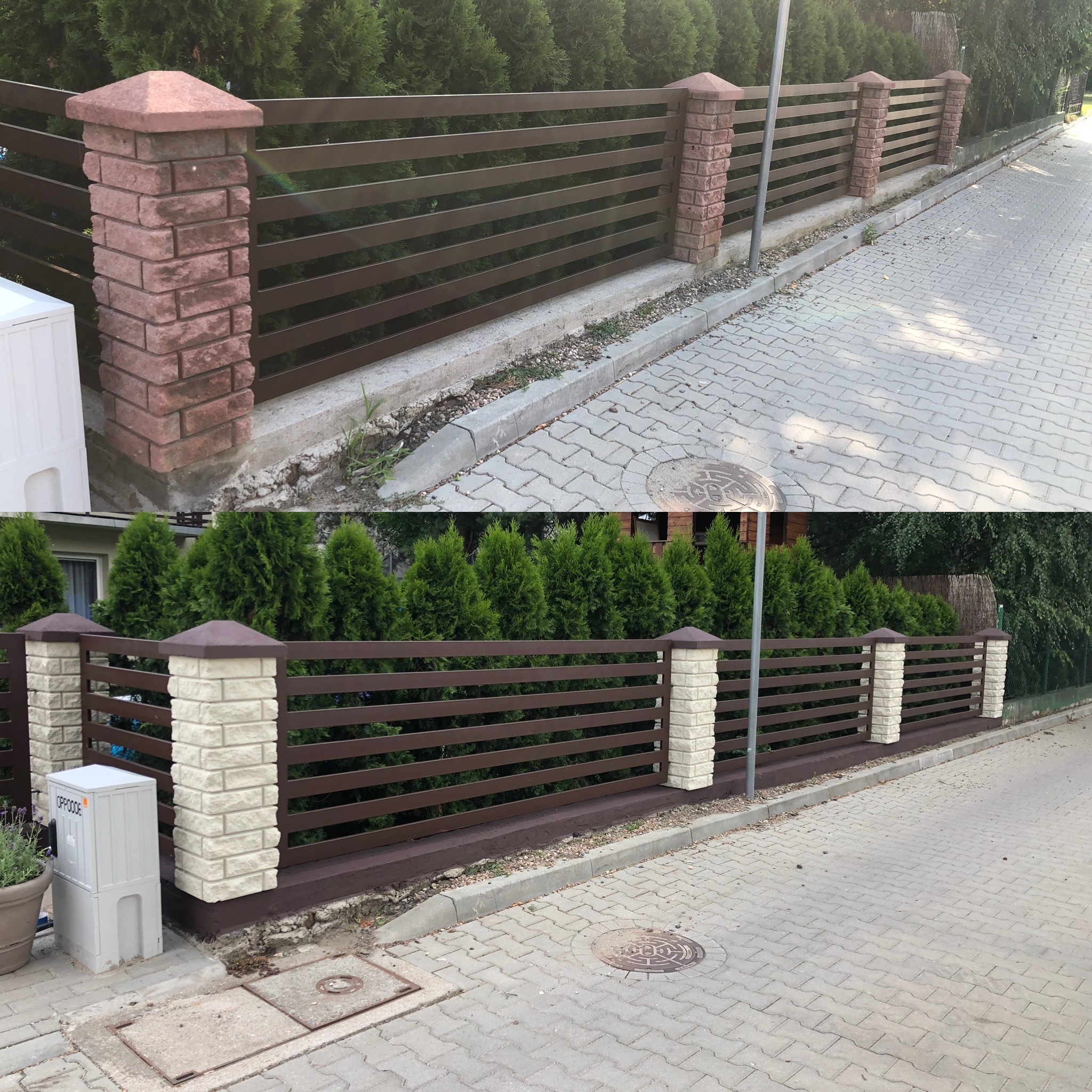 Nowoczesne ogrodzenie panelowe z brązowymi poziomymi listwami i słupkami wykończonymi cegłą klinkierową w dwóch wariantach kolorystycznych: czerwono-brązowym i kremowym, oddzielone na zdjęciu...