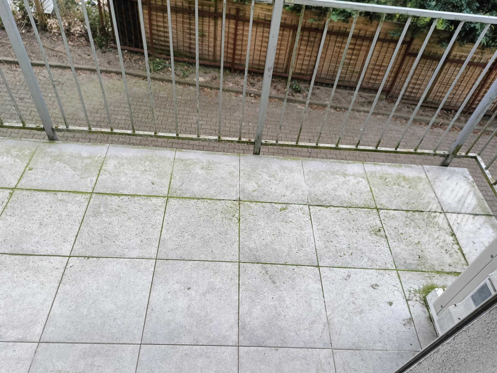 Zaniedbany balkon z szarymi płytkami porośniętymi mchem między fugami, widok z góry na metalową balustradę i fragment chodnika.