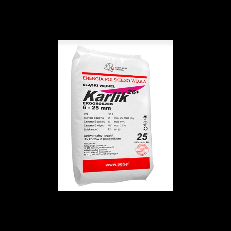 Biały worek ekogroszku Karlik 26+ o gramaturze 25 kg, z informacjami o parametrach i logo producenta Polska Grupa Górnicza, na jednolitym tle.