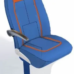 Niebiesko-pomarańczowe krzesło z podłokietnikiem, wykonane w Nowym Tomyślu, na białym tle. Widoczna metalowa podstawa i uchwyt.