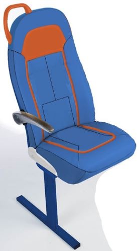 Niebiesko-pomarańczowe krzesło z podłokietnikiem, wykonane w Nowym Tomyślu, na białym tle. Widoczna metalowa podstawa i uchwyt.