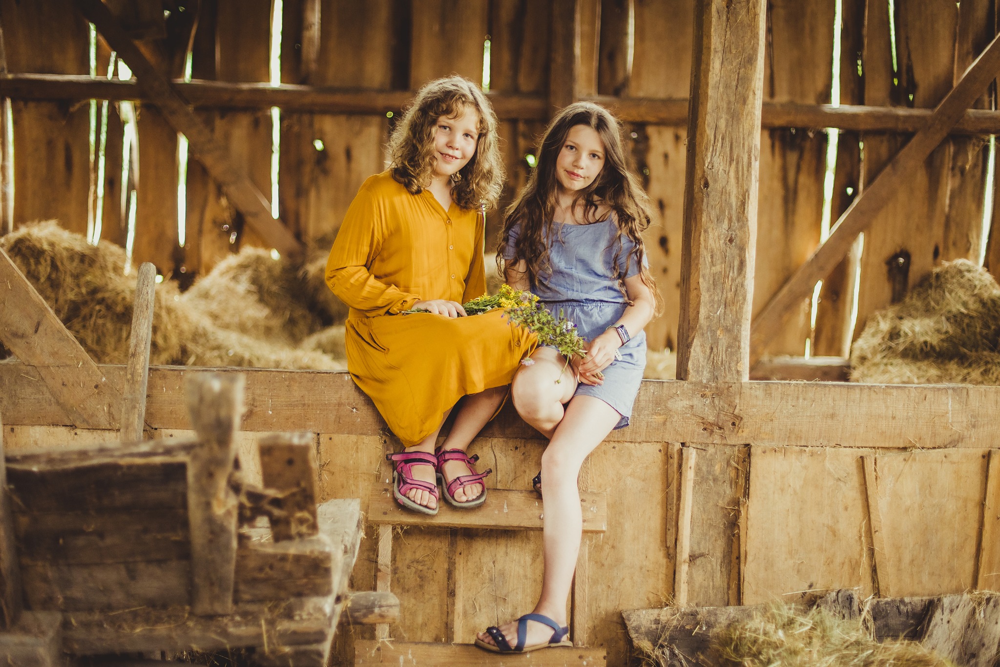Dwie uśmiechnięte dziewczynki w rustykalnej scenerii stodoły, trzymające polne kwiaty, uchwycone w ciepłym, naturalnym świetle.
