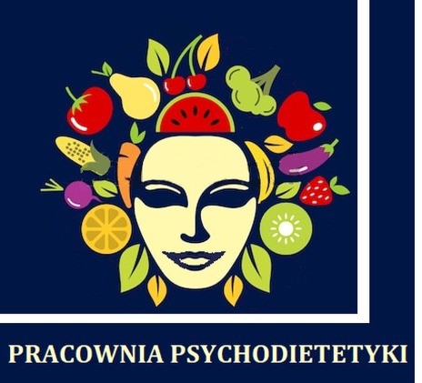 Grafika Pracowni Psychodietetyki: stylizowana twarz otoczona owocami i warzywami na granatowym tle.