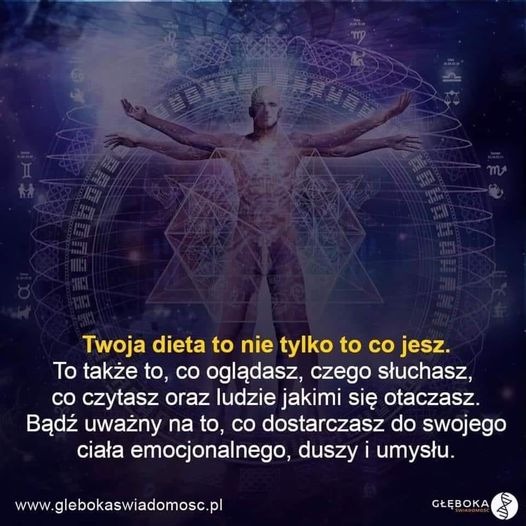 Grafika przedstawiająca sylwetkę człowieka z nałożonymi symbolami astrologicznymi i geometrycznymi, z tekstem o holistycznym podejściu do diety, uwzględniającym aspekty emocjonalne i duchowe.