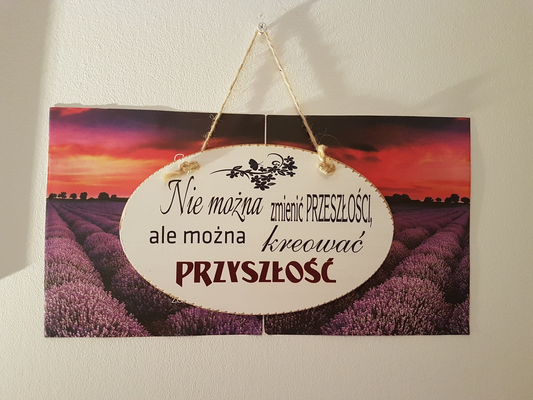 Dekoracyjna tabliczka z motywującym napisem 'Nie można zmienić przeszłości, ale można kreować przyszłość', zawieszona na ścianie w Gorzowie Wielkopolskim, z tłem przedstawiającym pole lawendy...