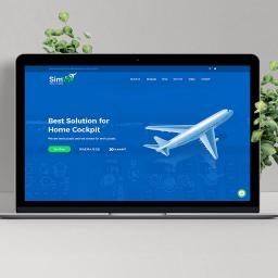 Kukka Arkadiusz Kwiatkowski - Laptop prezentujący stronę internetową firmy Sim Solution oferującej rozwiązania dla symulatorów lotu, z grafiką kokpitu samolotu na niebieskim tle i modelem samolotu w locie.