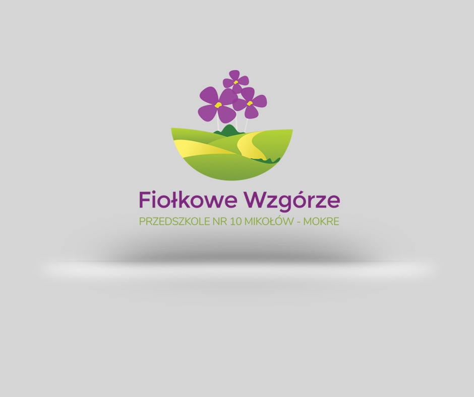 Logo przedszkola 'Fiołkowe Wzgórze' z fioletowymi kwiatami i zielonymi wzgórzami, stylizowane i nowoczesne.