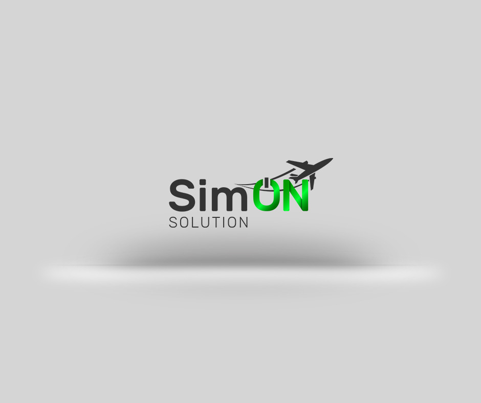 Logo firmy SimON Solution z sylwetką samolotu w górnej części litery 'N', utrzymane w szaro-zielonej kolorystyce na jasnoszarym tle.