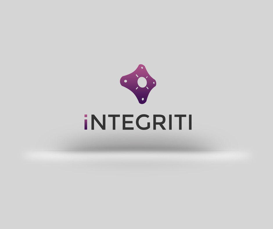 Logo firmy 'iNTEGRITI' z abstrakcyjnym symbolem w odcieniach fioletu, przypominającym stylizowaną komórkę lub gwiazdę z okrągłym otworem w centrum na szarym tle.