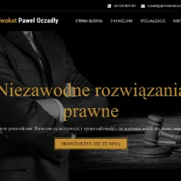 Strona internetowa adwokata Pawła Oczadły z hasłem 'Niezawodne rozwiązania prawne', na ciemnym tle sylwetka prawnika w garniturze i drewniany młotek sędziowski.