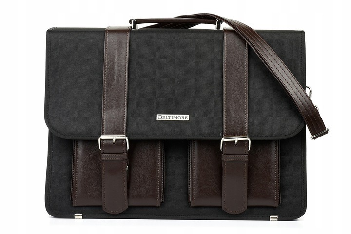Czarna torba męska z brązowymi skórzanymi paskami i srebrnymi klamrami, widoczne logo marki Beltimore.