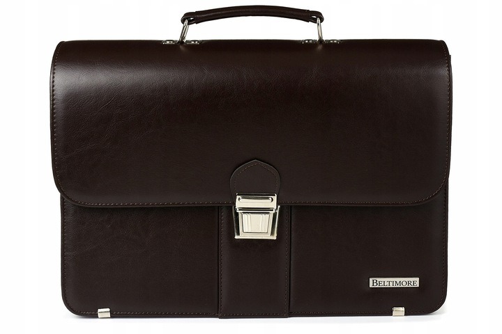 Elegancka, brązowa, skórzana aktówka marki Beltimore z metalowym zapięciem i uchwytem, prezentowana na białym tle.