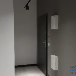 Szare wnętrze przedpokoju z ciemnymi drzwiami wejściowymi, dwoma białymi skrzynkami elektrycznymi na ścianie i szarą podłogą z płytek.