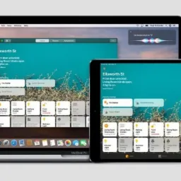 Ekosystem Apple prezentujący interfejs aplikacji do zarządzania inteligentnym domem na MacBooku Pro, iPadzie, iPhonie i Apple Watch, z widocznym głośnikiem HomePod po lewej stronie.
